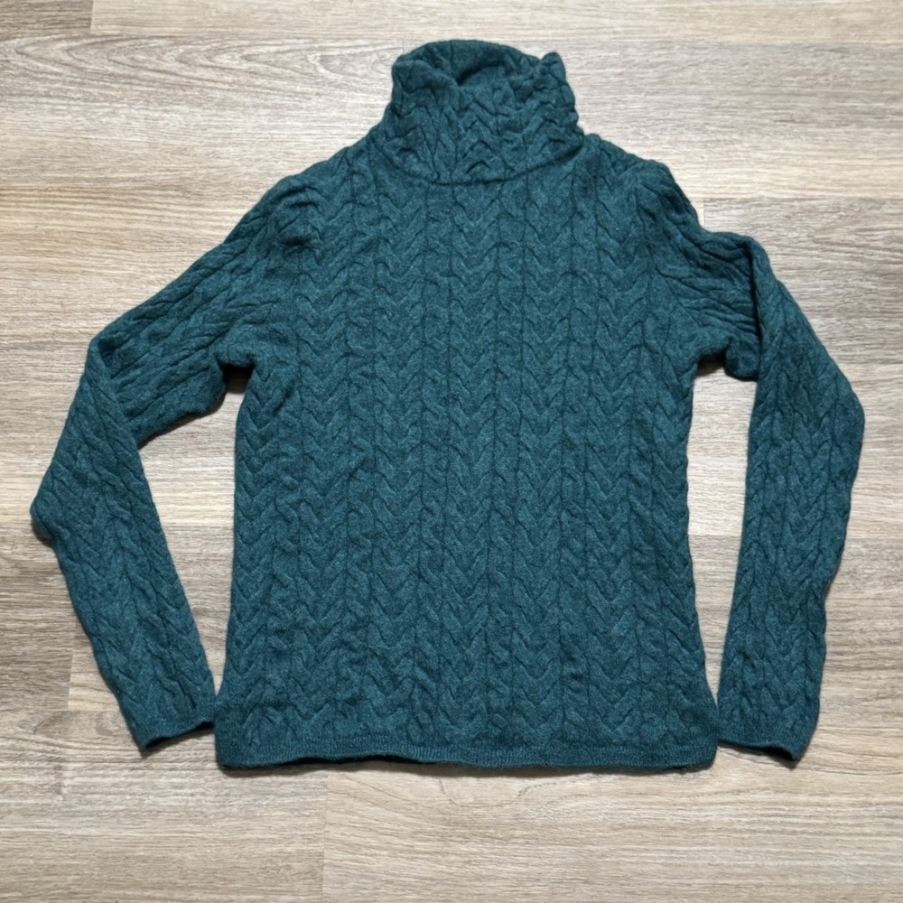 Garnet Hill Luxurious Cashmere Women's S Cable T-Neck Green Classic Sweater